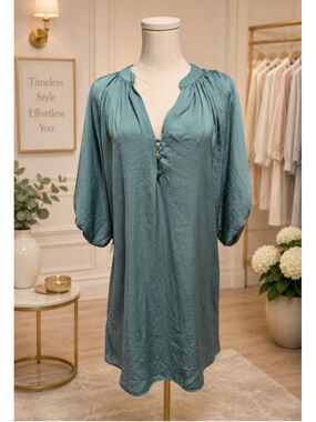Banana Republic Oversized Satin Tunic Shift Dress Sage Green Pockets Size Small